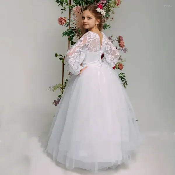 Robes de fille Simple robe de fleur blanche perles scintillantes perles pour mariage 2023 princesse a-ligne dentelle manches longues robe de première communion