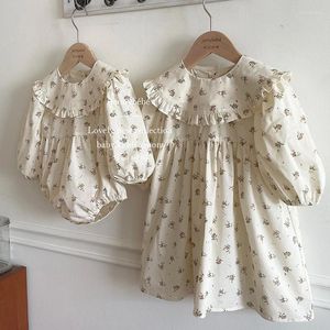 Robes pour filles, vêtements de sœurs, robe de soirée pour enfants, body en coton à manches longues, imprimé Floral, automne et printemps