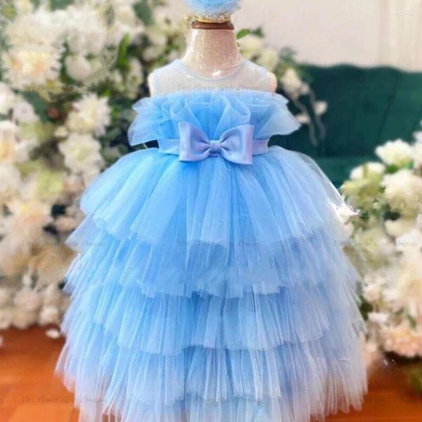 Robes de fille bleu ciel, robe de fête d'anniversaire personnalisée pour filles, en Tulle à plusieurs niveaux, col transparent, robe de princesse à fleurs de mariage, robes pour enfants