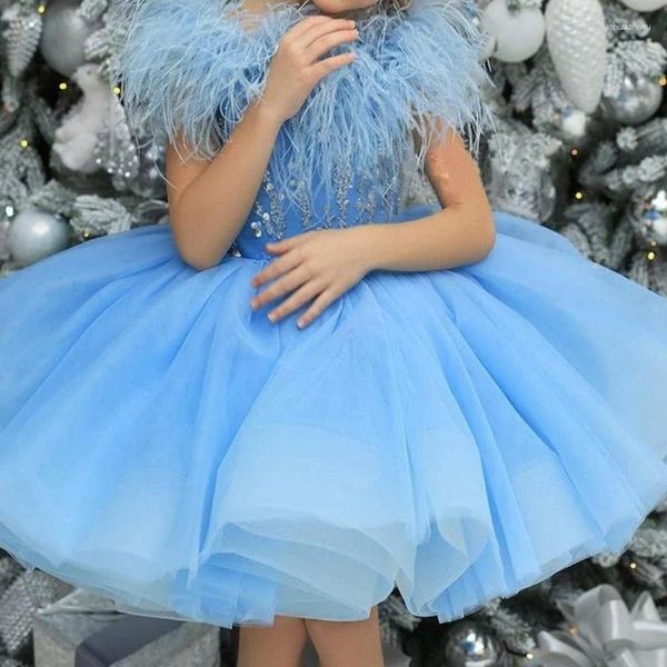 Robes de fille bleu ciel robe à fleurs plumes perles paillettes enfants bal concours pour fête de mariage première robe de Communion