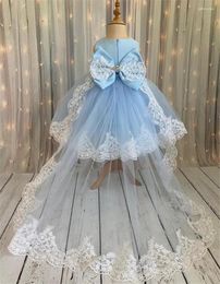 Vestidos de niña Vestido de flores azul cielo con tren largo Niñas Princesa Boda Fiesta Cumpleaños Moda Vintage