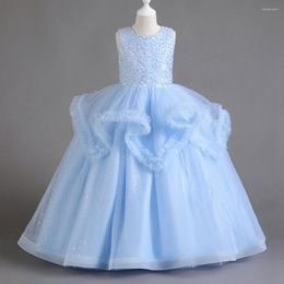 Robes de fille bleu ciel fleur filles pour les mariages fête Gala col rond longueur cheville avec volants paillettes enfant anniversaire robe de princesse 2023
