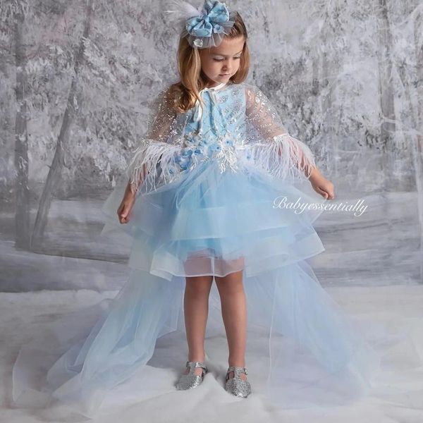 Robes de fille bleu ciel filles Pageant sans manches enfants robes d'anniversaire avec plumes Cape Hi Lo petite pographie