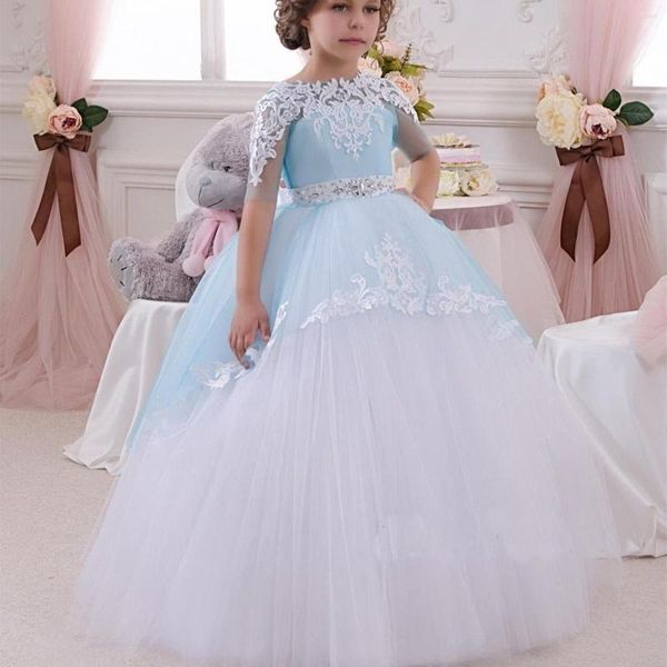 Robes De fille bleu ciel Tulle demi manches enfants robe De princesse fleur Pageant robes pour mariage bal De Noches