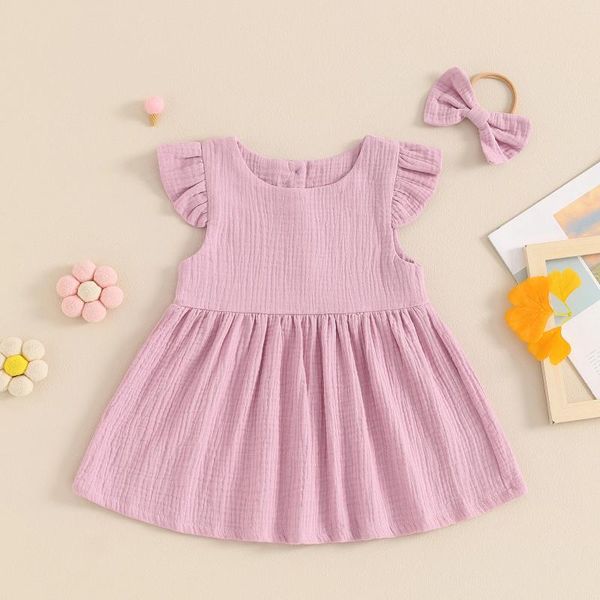 Vestidos de niña Soft Cotton Baby Dress para niñas Manga de princesa Color sólido Little Summer Nathler Ropa infantil con banda para la cabeza