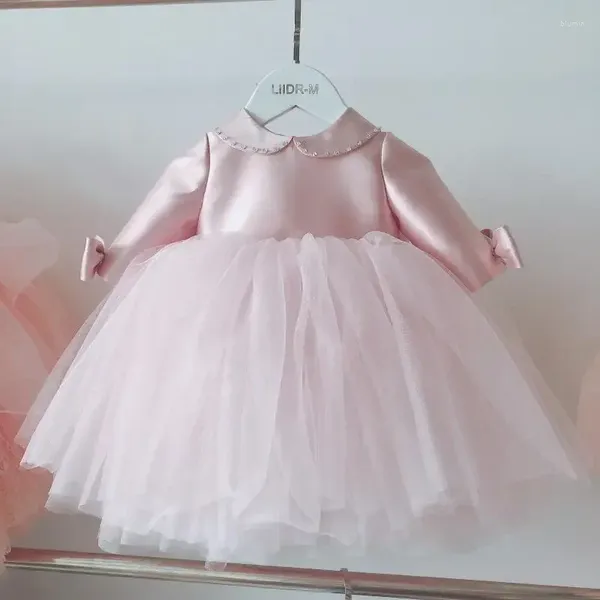 Vestidos de niña, vestido de cumpleaños de princesa con lazo rosa liso, cuello de muñeca para niño, diseño de manga, vestido de baile de flores, dama de honor Junior