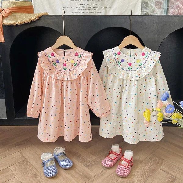 Robes pour filles, vêtements pour enfants de corée du sud, couleur ondulée, broderie de points, jupe à manches longues à volants, automne 2023