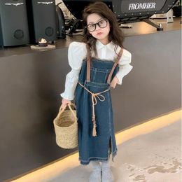 Meisjesjurken Zuid-Korea Kinderkleding 2024 Lente Meisjes Cowboy Bretels Rok Shirt Denim Set