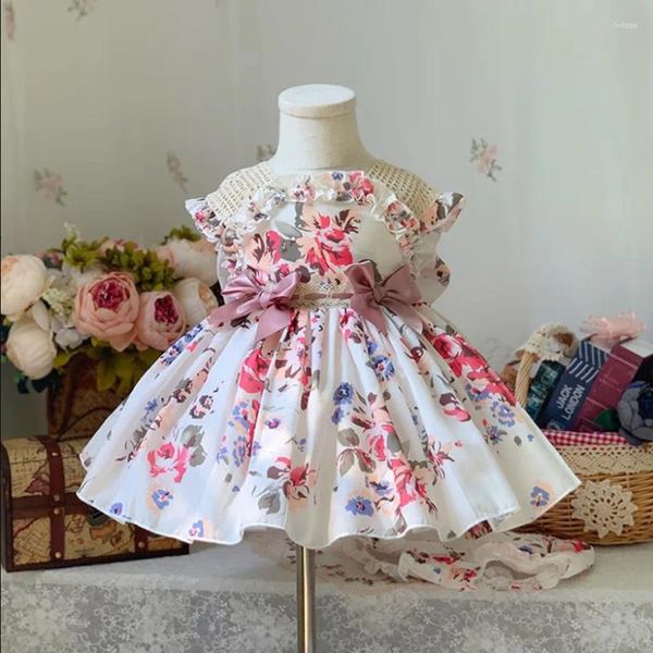 Robe espagnole d'été pour filles, 2 pièces, manches courtes, imprimé floral, avec nœud, robe de bal d'anniversaire, de fête pour enfants