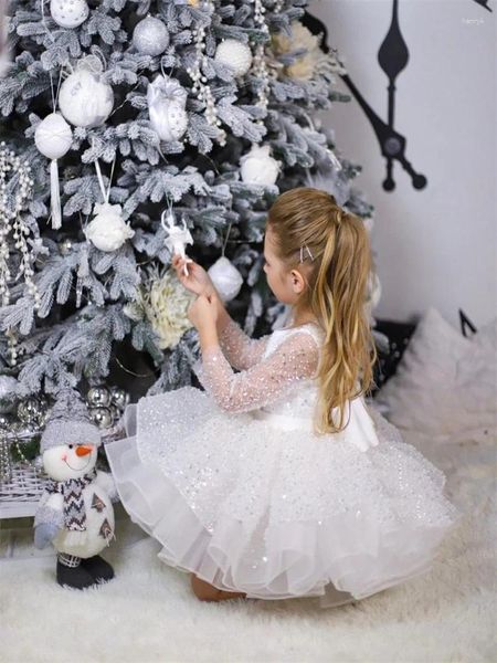 Vestidos de niña Vestido de flores esponjoso de tul brillante para lentejuelas de boda Hasta la rodilla con lazo Primera fiesta de cumpleaños eucarística del niño