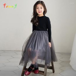 Robes de printemps pour filles, robe de princesse en maille avec Patch pour adolescentes, manches longues, vêtements de princesse noirs, fête d'anniversaire, 4 à 14T, 2022