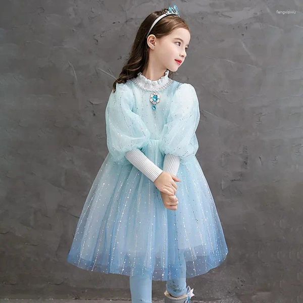 Robes de fille printemps et automne robe de princesse 2024 automne-hiver bleu maille féerique pour enfants