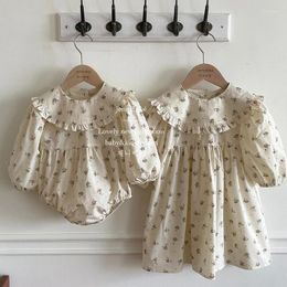 Robes de fille printemps automne style européen américain enfants robe de princesse bébé barboteuses à manches longues coton imprimé floral soeurs vêtements