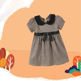 Vestidos de niña primavera otoño ropa para niñas lindo lazo de cintura niños bebé a cuadros algodón solapa vestido con cuello falda de manga corta