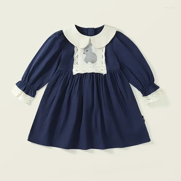 Robes de printemps et d'automne pour filles, bleu marine, manches longues, avec motif, vêtements décontractés à volants pour bébés et enfants