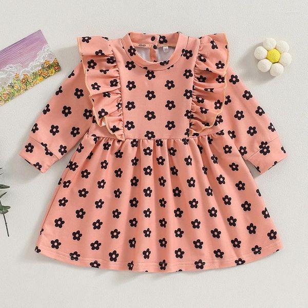 Vestidos de niña primavera otoño niños niñas vestido niño estampado floral volantes cuello redondo manga larga otoño moda casual princesa