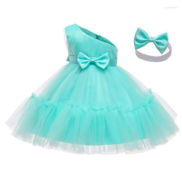 Vestidos de niña Lazo de primavera Vestido para niños Niñas bebés 1er cumpleaños Bautismo Princesa para la noche Enviar banda para el cabello 3-24 M