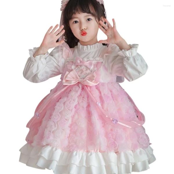 Vestidos de niña de primavera para niños vestido de princesa con mangas de burbuja 3D de alta calidad con flores rosas para niñas Lolita para niños
