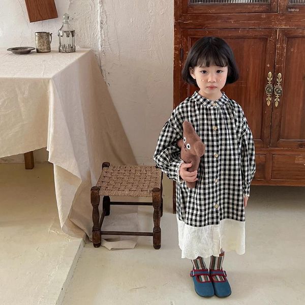 Vestidos de niña Primavera Moda Niñas Little Plaid Manga larga Bebé Lacewark Patchwork Vestido suelto