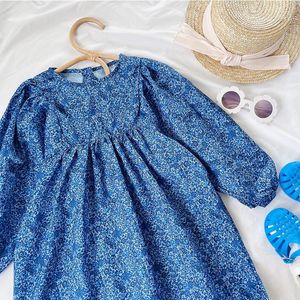 Robes de fille Printemps Une pièce Style coréen Vêtements Jupe trapèze à manches longues Floral Bleu Robe de princesse mignonne pour les filles de 3 à 8 ans
