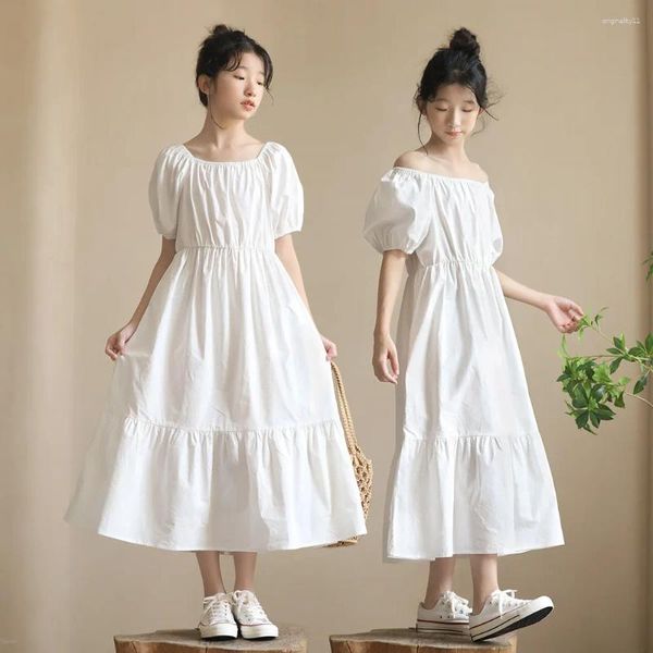 Robes de fille printemps été grands enfants filles brève longue en coton blanc col carré manches bouffantes taille élastique écolière tenue décontractée