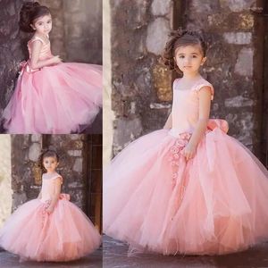 Robes de fille col carré blush fleur rose appliques arc tulle manches courtes robe de fête d'anniversaire