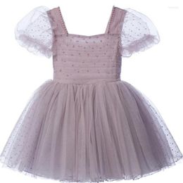 Meisje jurken vierkante nek parel gaas aline witte paarse kinderavondjurk prinses baby verjaardag bloem bruiloft