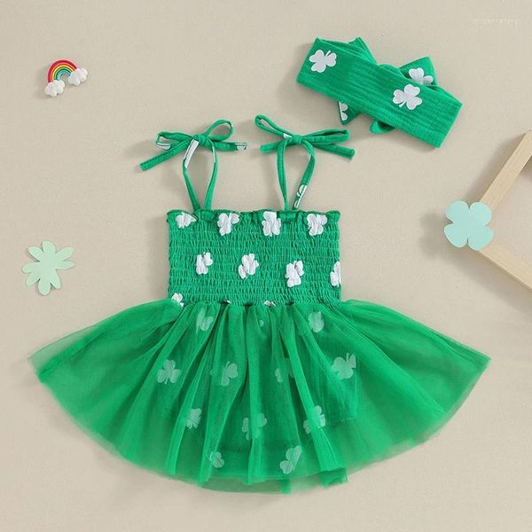 Vestidos de chicas St Patricks Day Baby Outfit Shamrock Comper Dress Titsuit de corbata sin mangas Tutú Tutú Linda ropa de verano