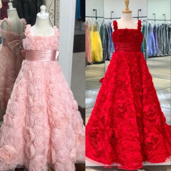 Vestidos de niña Impresionantes rosetas rosadas Vestido de desfile para niñas 2022 para niños pequeños y bebés Bebé 3D Rosas Vestido de fiesta de cumpleaños floral Adolescentes