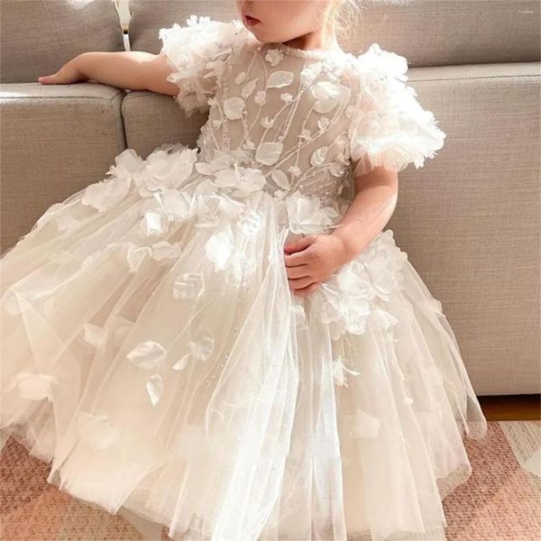 Robes de fille élégante fleur filles robe pour mariage manches courtes blanc fête d'anniversaire tulle floral princesse première communion robe de bal