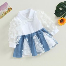 Suefunskry – robe en maille Patchwork pour filles, motif papillon, manches longues, revers, ligne a transparente, 6 mois-5 ans