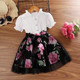 Vestidos de niña Verano 2023 Llegadas Niñas Manga corta Patchwork Estampado Floral Negro Roupa Infantil Menina Lindo vestido de fiesta Custume 4-7T