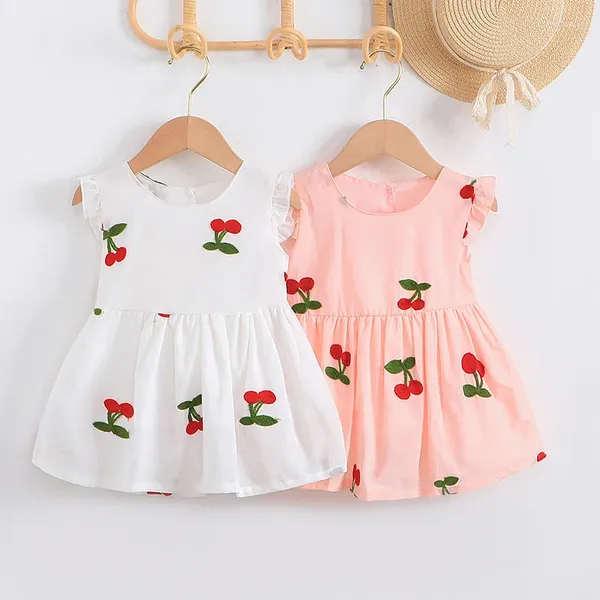 Vestidos de niña Verano 2023 Llegadas Niñas Sin mangas O Cuello Volantes Estampado Cereza Blanco Infantil Menina Lindo vestido de fiesta Custume 18M-6T