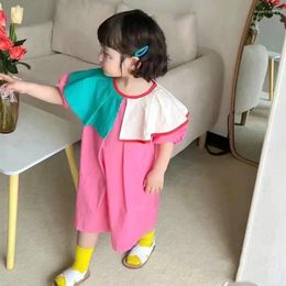 Robes de fille Été bébé et filles coton contraste patchwork feuille de lotus cou robe à manches courtes enfants belle tenue enfant jupe douce 2-8