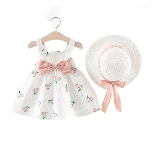 Meisjesjurken zomer babyjurk peuter meisjes kleding 6-24 maanden mouwloze o-neck print bloemen snoepkleur boog prinses met hoed