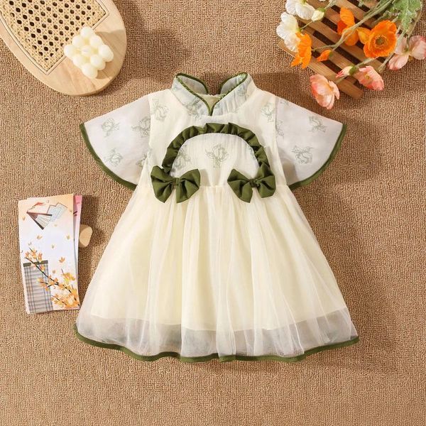 Robes de fille robe de bébé d'été avec un style chinois à imprimé chinois coulant la fête d'anniversaire de pliage de pli