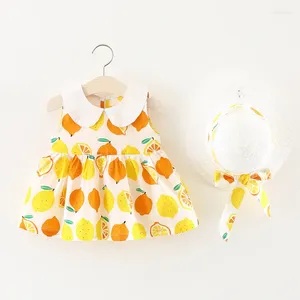 Vestidos de niña, ropa de verano para niñas pequeñas, vestido de princesa de limón sin mangas con sombrero, ropa de fiesta de primer cumpleaños A284