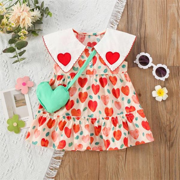 Vestidos de niña, vestido de verano para niñas, 2 unidades/juego, bolsa gratis, pintura al óleo dulce, bordado de amor, cuello Polo grande, sin mangas, de algodón, diario