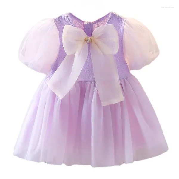 Robes d'été pour filles, vêtements de mode coréenne, avec gros nœud, en maille, manches courtes, robe de princesse de luxe, vêtements d'anniversaire pour bébé, BC640