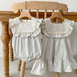 Meisjesjurken zomer geboren meisjes zuster jurk ruches ruche kanten streep sets peuter jumpsuit babykleding baby zuigelingen lange mouwen kinderen