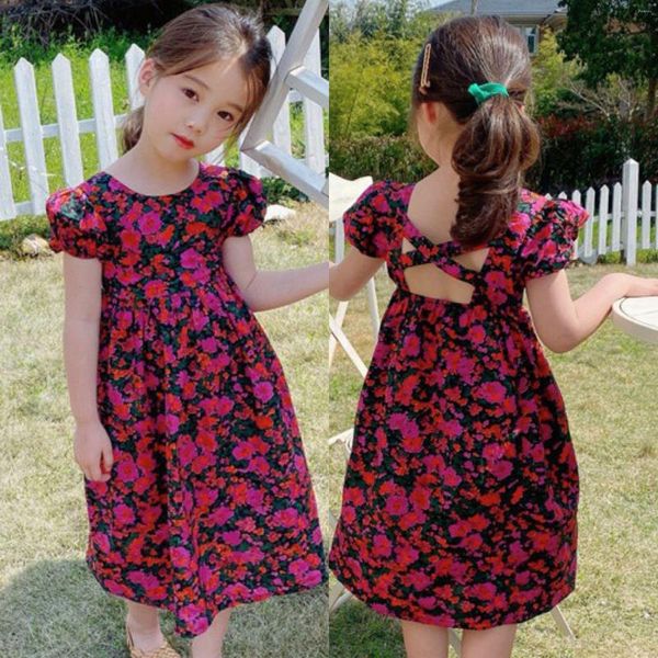 Vestidos de niña Verano Casual Bebé Niñas Algodón Floral Slim Fit Puff Mangas Sin espalda Vestido vintage Niños Trajes encantadores Niño Falda dulce