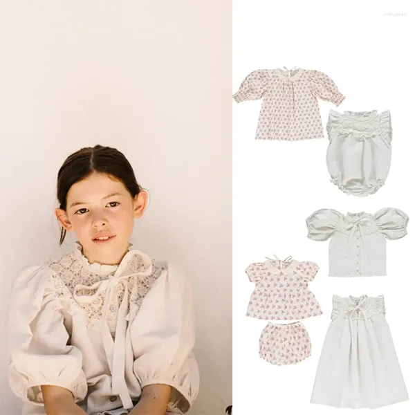 Robes d'été en lin pour filles, ensemble de vêtements à fleurs, haut et short, barboteuse pour bébés de 1 à 9 ans