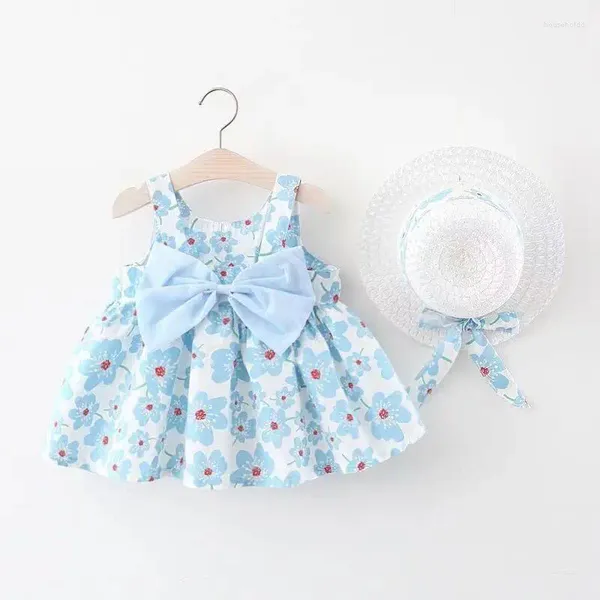 Vestidos de niña Ropa para niños de verano 2024 Vestido para bebés Fashionable Big Bow Princess Floral Strender Sombrero