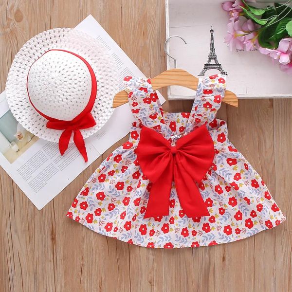 Vestidos de niña Summer Dress para niños Flor Fragmentada Big Bow Strap Princess Baby Algodón Falda para caminar 0-3 años Gombado de regalo