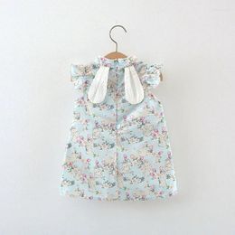 Robes de fille Summer Children's Wear 2024 Girls 'Cheongsam Back Cartoon Way Ears Disc Floral Boucle sans manches