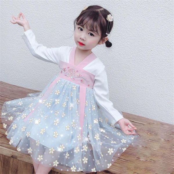 Robes de fille Été Chine Ancienne Fée Vêtements Enfant Enfants Amélioré Hanfu Rose Bleu Costume Chinois Princesse Robe En Maille Pour Les Filles