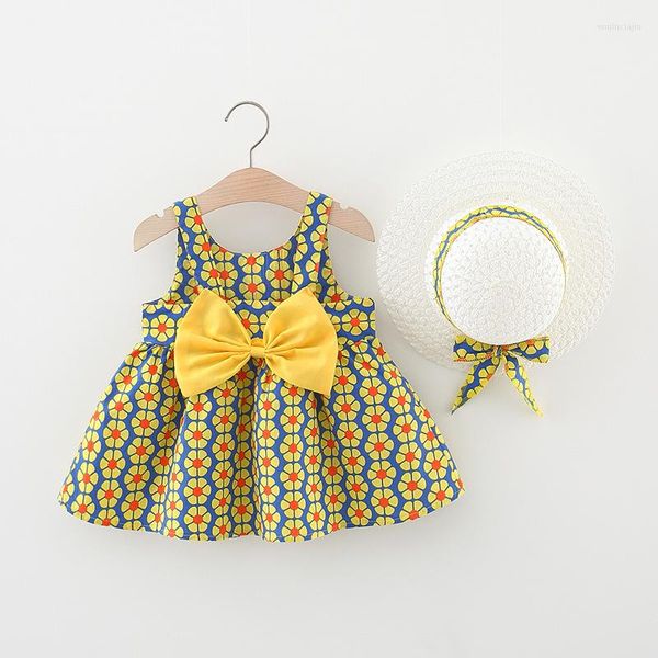 Vestidos de niña, ropa de verano para niñas, playa, estampado Floral informal, bonito vestido de princesa con lazo, ropa para nacer, conjunto de sombreros, 3, 6, 9 y 12M