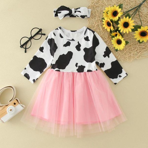 Robes d'été en Satin pour filles, vêtements d'été pour bébés filles, manches longues, en Tulle, motif de vache, dessin animé, Halloween