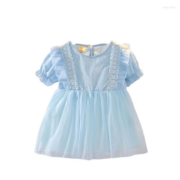 Fille robes été Cool bébé filles vêtements 2023 Style Simple bleu pénurie coton dentelle Beige robe de soirée pour 1-4 ans