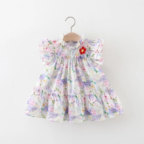 Vestidos de niña Vestido de verano Baby cubierto de pintura al óleo Collar de encaje de encaje pequeño Manga voladora Princesa